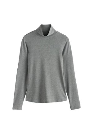 Grauer Rollkragenpullover aus weichem, geripptem Stoff, mit langen Ärmeln und lockerem Schnitt. Einfaches, vielseitiges Design ohne Muster oder Akzente.