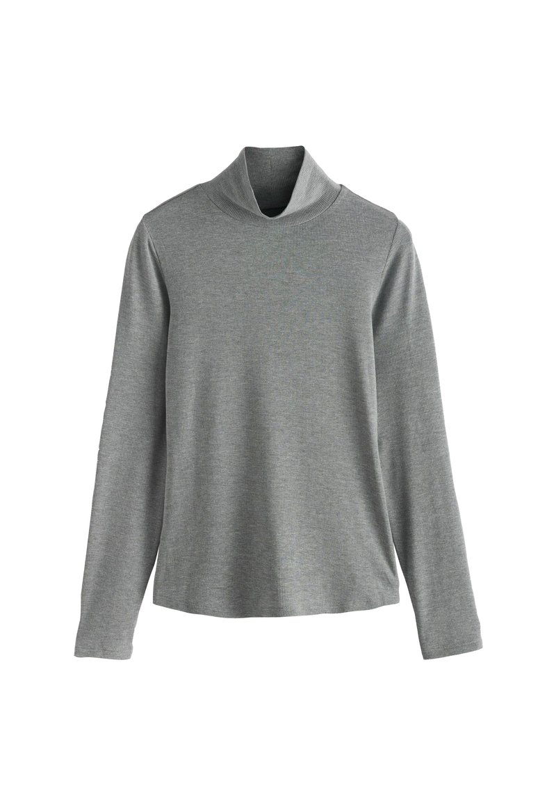 Grauer Rollkragenpullover aus weichem, geripptem Stoff, mit langen Ärmeln und lockerem Schnitt. Einfaches, vielseitiges Design ohne Muster oder Akzente.