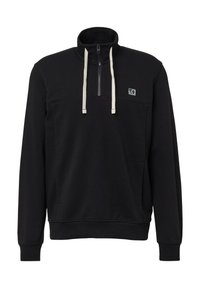 Czarna bluza z półzamkiem i wysokim kołnierzem, wyposażona w kremowe sznurki, ściągacze na rękawach i dole, oraz małe logo na piersi.