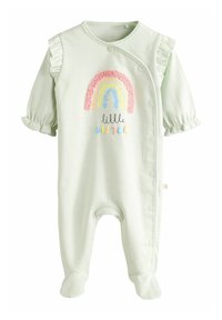Ljusgrön baby romper med korta puffärmar, volangdetaljer och broderad regnbåge med texten "lilla syster" nedanför.