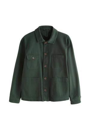 Green jacket featuring a collared neckline, two front pockets, and brown buttons, made from textured fabric. Simple design, straight cut.