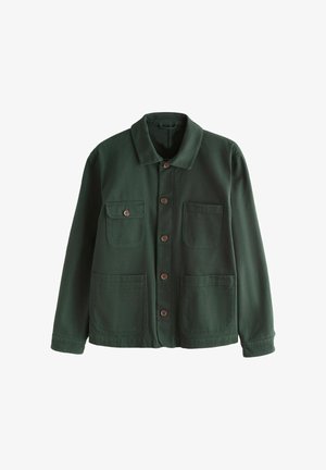 Green jacket featuring a collared neckline, two front pockets, and brown buttons, made from textured fabric. Simple design, straight cut.
