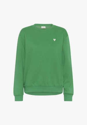 Green sweatshirt made of cotton, featuring a crew neck, long sleeves, ribbed cuffs, and a small white heart accent on the chest.