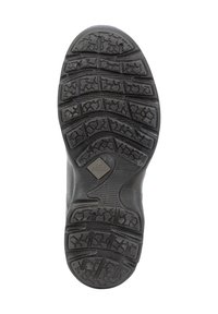 Rubber boot sole featuring a textured, multidirectional grip pattern. Color: black with a raised logo in the center. Durable and rugged design.