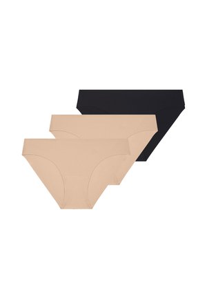 Trois culottes bikini sans couture pour femmes en noir et beige, empilées en éventail sur un fond blanc.