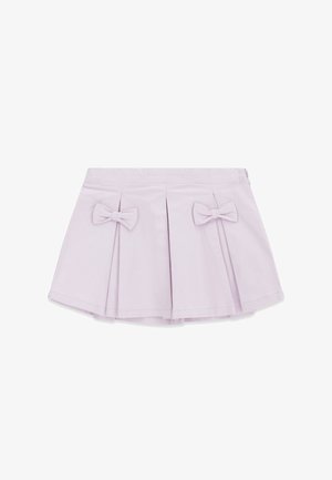 Jupe plissée lilas avec deux nœuds décoratifs à l’avant, fermeture éclair latérale.