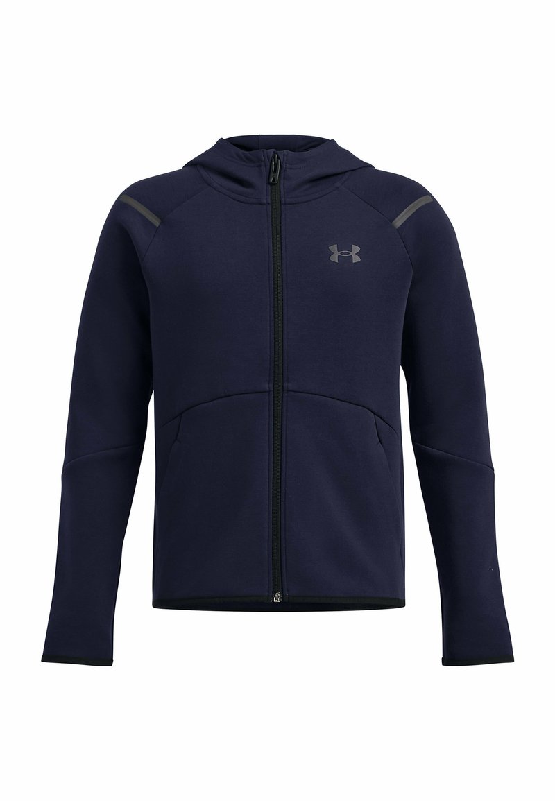 Marine gebreide hoodie met volledige rits, grijze accenten en logo op de borst. Heeft lange mouwen en twee voorkeien. Zachtheid in textuur.