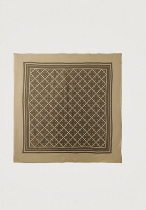 Square scarf made of soft fabric in beige with a dark brown geometric pattern, framed by a double border. Edges are lightly fringed.