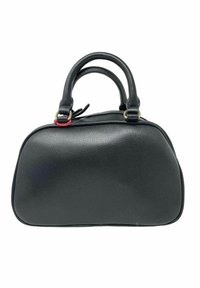 Borsa a tracolla in pelle nera con forma arrotondata, doppio manico superiore, dettagli in metallo dorato e una texture liscia. Chiusura anteriore con zip.