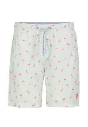 Light green swim shorts with pink flamingo print and a blue and white drawstring waistband.