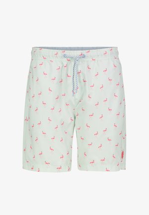 Hellgrüne Badeshorts mit pinkem Flamingo-Print und einem blau-weißen Kordelzugbund.