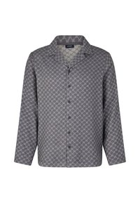 Gray patterned button-up shirt with long sleeves, featuring a geometric design and a collar, made from lightweight fabric. Buttons in front.
