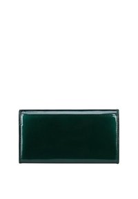 Portefeuille rectangulaire de couleur vert foncé brillant, avec une texture lisse, présentant un design épuré sans quincaillerie ni accents visibles.