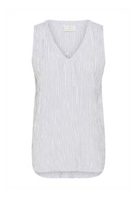 Top senza maniche bianco con strisce verticali nere, con scollo a V e una piccola tasca frontale, realizzato in tessuto leggero con vestibilità comoda.