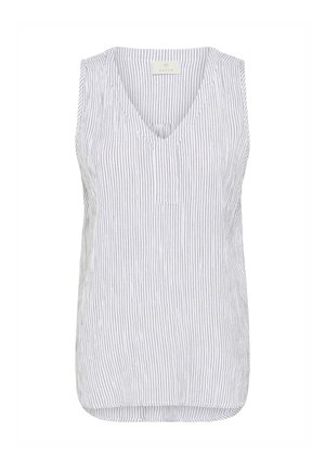Ærmeløs top i hvid med lodrette sorte striber, med en V-hals og en lille forreste lomme, lavet af letvægtsstof med en afslappet pasform.