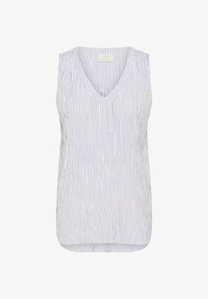 Sleeveless top in white with vertical black stripes, featuring a v-neck and a small front pocket, made from lightweight fabric with a relaxed fit.