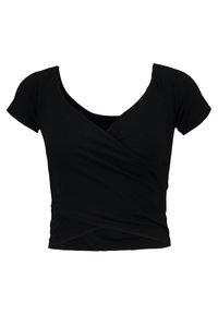 Sort kortærmet omslagstop i strækbart stof med dyb V-hals og lagdelt frontdesign, der giver en tætsiddende pasform.