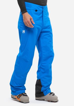Pantalons de ski pour hommes en bleu fabriqués dans un matériau imperméable, avec une fermeture éclair à l'avant, une taille ajustable et des poignets renforcés noirs.