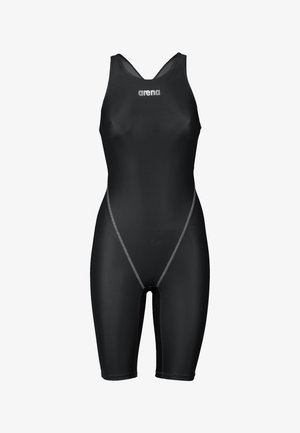 Zwart hightech Arena damesracebadpak met een racerback ontwerp en knielange pijpen.