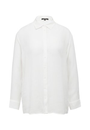 White, long-sleeved button-up shirt made of lightweight fabric. Features a classic collar and buttons down the front, with a relaxed fit.
