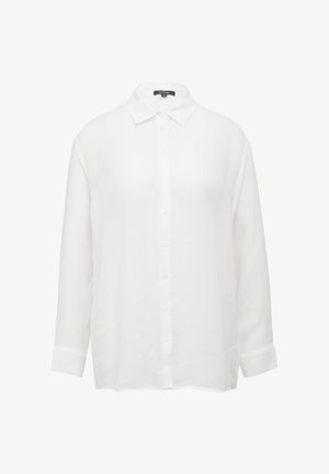 White, long-sleeved button-up shirt made of lightweight fabric. Features a classic collar and buttons down the front, with a relaxed fit.