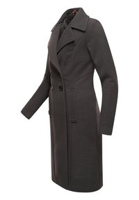 Szary płaszcz z mieszanki wełny o dwurzędowym zapięciu, z wyciętym kołnierzem, bocznymi kieszeniami i długimi rękawami. Gładka faktura z minimalnymi zdobieniami.