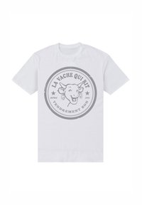 Bílý bavlněný tričko s kulatým grafikou, na které je karikaturka krávy a text "LA VACHE QUI RIT" v šedé barvě, doplněné dekorativními hvězdami.