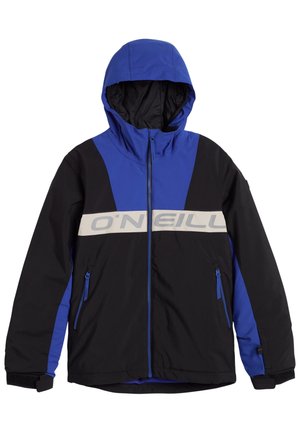 Modrá a černá bunda s kapucí, předním zipem, kapsami na zip, zápěstními pásky na suchý zip a bílým vodorovným pruhem s logem "O'NEILL" přes hruď.