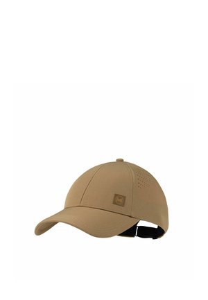 Beige baseball cap with small ventilation holes, adjustable strap at the back, and a square logo patch on the front panel.