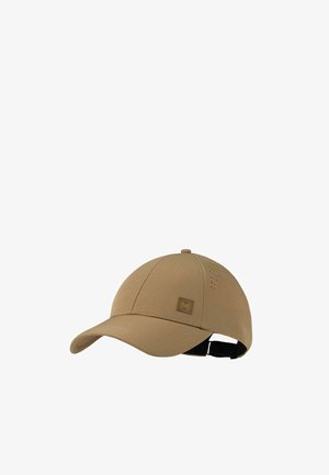 Beige baseball cap with small ventilation holes, adjustable strap at the back, and a square logo patch on the front panel.