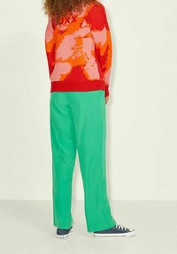 Red and pink patterned sweater, green wide-leg pants, white and blue sneakers, viewed from the back against a light background.