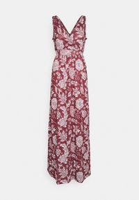 Robe longue sans manches avec un profond décolleté en V, taille cintrée, base bordeaux et motif floral blanc partout.