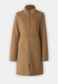 Cappotto marrone di media lunghezza con un colletto alto, una zip frontale e due tasche laterali con dettagli in tonalità oro e una texture morbida.