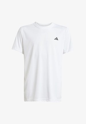 Weißes kurzärmliges T-Shirt aus leichtem Polyester. Mit Rundhalsausschnitt und kleinem schwarzen Logo auf der linken Brustseite.