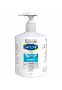 Cetaphil Pro Juckreiz Control Schutzhandcreme, weiße Plastikflasche, mit Pumpenkopf, blaue Etikette, 500 ml, für trockene und gereizte Haut.