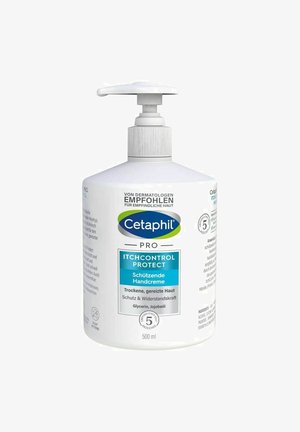 Cetaphil Pro Itch Control Protect hand cream, white plastic bottle, pump top, blue label, 500 ml, for dry and irritated skin.
