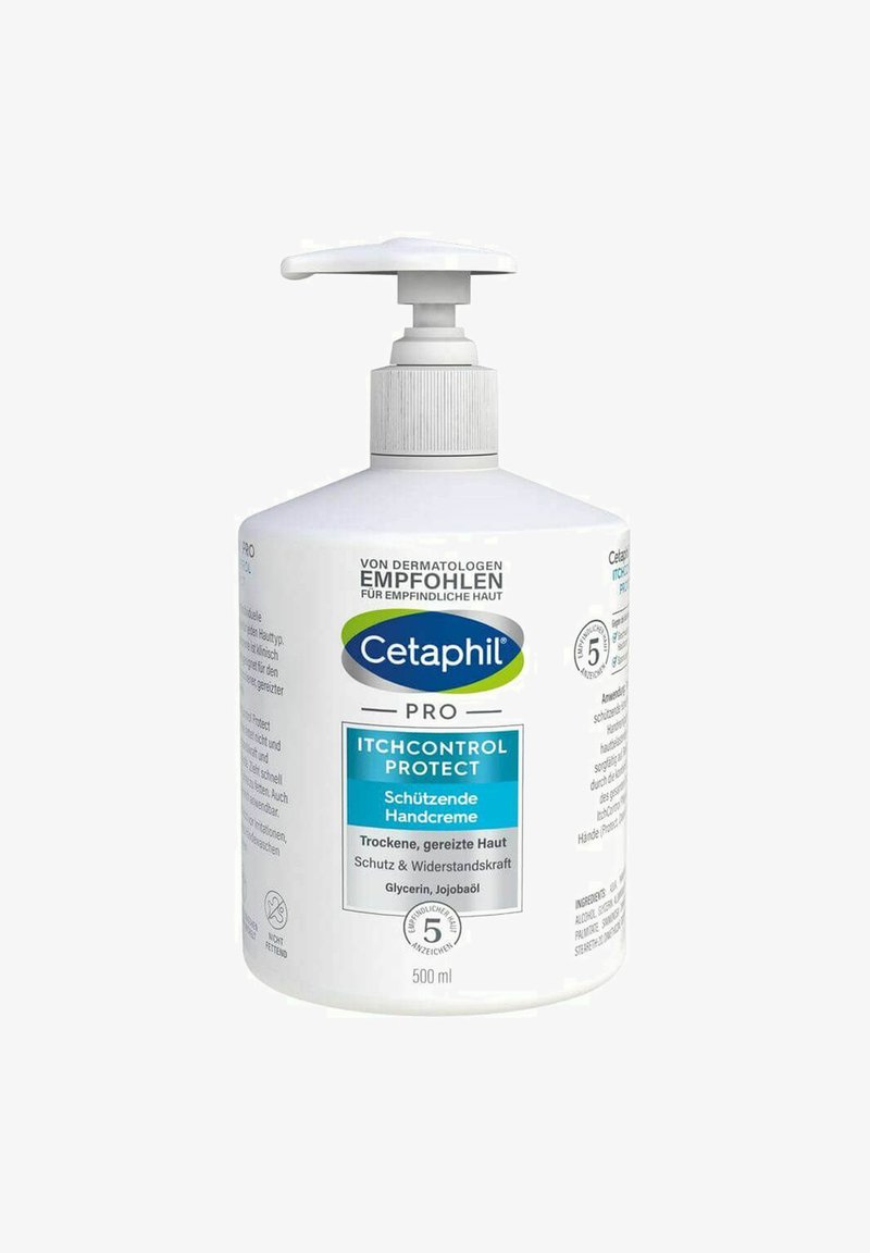 Cetaphil Pro Juckreiz Control Schutzhandcreme, weiße Plastikflasche, mit Pumpenkopf, blaue Etikette, 500 ml, für trockene und gereizte Haut.