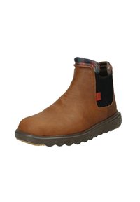 Botte chelsea en cuir marron avec une tige texturée, des panneaux élastiques sur les côtés et une doublure à carreaux. Dispose d'une semelle en caoutchouc flexible pour le confort.