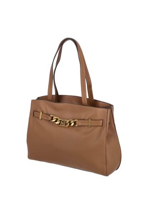 Borsa tote in pelle marrone con accentuazione della catena in tonalità oro, manici piatti e design strutturato. Caratterizzata da una superficie liscia e una leggera lucentezza.