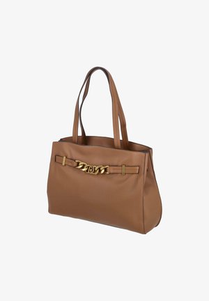 Borsa tote in pelle marrone con accentuazione della catena in tonalità oro, manici piatti e design strutturato. Caratterizzata da una superficie liscia e una leggera lucentezza.