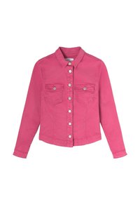 Roze denimjacket met een kraag, knoopsluiting, twee borstzakken en lange mouwen met een iets getailleerd ontwerp.