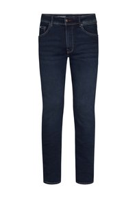 Tmavě modré džíny z denimu s úzkým střihem, které mají pět kapes, uzavírání na knoflík a jemné švy s dekorativním prošíváním.