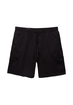 Schwarze Cargo-Shorts aus leichtem Stoff, mit elastischem Bund, Kordelzug, zwei vorderen Taschen und einer seitlichen Cargotasche.