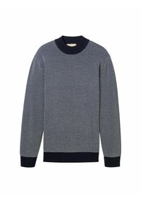 Marineblauwe gebreide trui met een gestructureerd patroon, geribde kraag en manchetten, lange mouwen en een ronde hals.