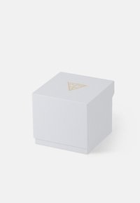 White textured cardboard box with a lid, featuring a gold triangle logo on top.  Square shape, minimal design, no additional embellishments.