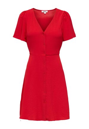 Vestido rojo de manga corta con escote en V, botones en la parte frontal, cintura ajustada y falda ligeramente acampanada, etiqueta con la marca ONLY en el cuello.