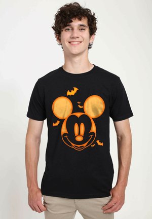 Sort bomulds T-shirt med et orange Mickey Mouse grafik med flagermus. Korte ærmer og klassisk pasform.