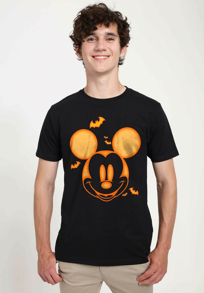 Svart bomullströja med en orange Mickey Mouse-grafik och fladdermöss. Kortsleeves och en klassisk passform.