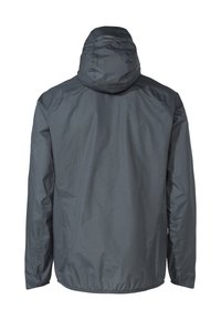 Giacca con cappuccio in grigio scuro, realizzata in materiale leggero e morbido; presenta polsini ed orlo elasticizzati per una vestibilità sicura.