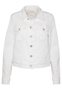 Chaqueta de denim blanca con mangas largas, cierre de botones en el frente, dos bolsillos en el pecho y bolsillos laterales. Presenta botones de metal plateado y un cuello clásico.